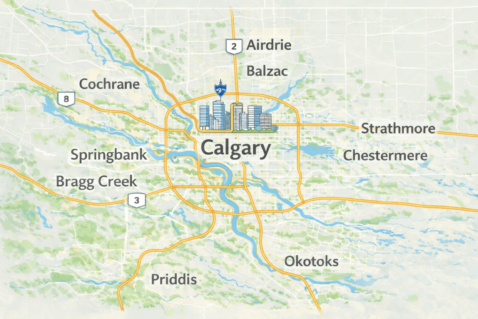 General location of towns around Calgary