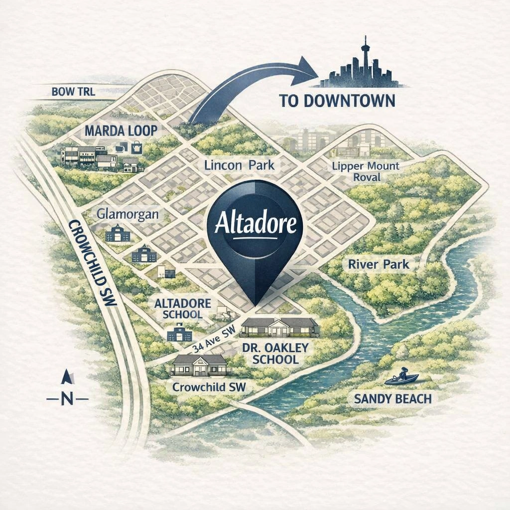 Altadore Calgary community map showing key landmarks and surrounding communities