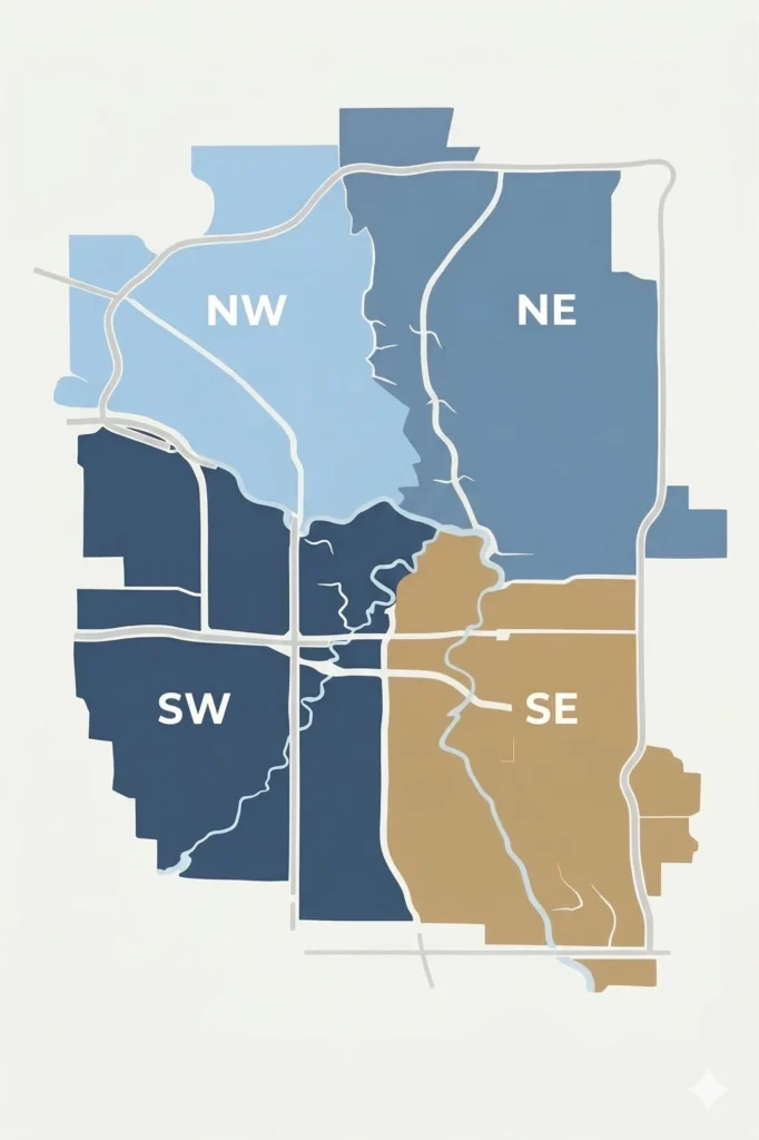 Calgary quadrant map showing Northwest, Northeast, Southwest and Southeast Calgary communities divided by the Bow River