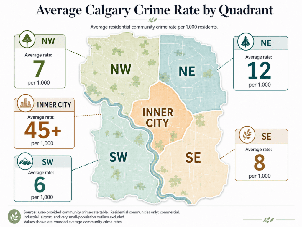 map infographic titled “Average Calgary Crime Rate by Quadrant” showing Calgary divided into NW, NE, SW, SE, and Inner City areas on a white background. The map highlights average annual crime rates per 1,000 people by quadrant: NW 7, NE 12, SW 6, SE 8, and Inner City 45+. Each quadrant is colour-coded and paired with a labeled callout box, with the Inner City shown as the highest-crime area.