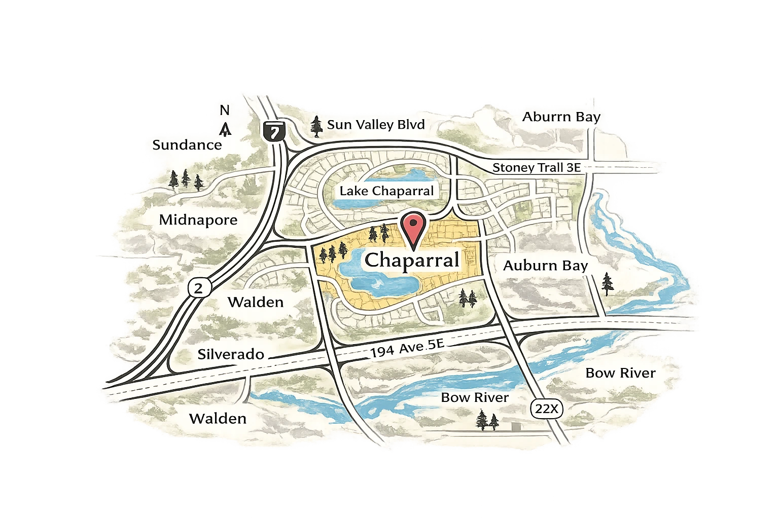 Stylized map of Chaparral Calgary showing Lake Chaparral, Fish Creek Park, nearby communities like Walden, Legacy, Sundance, and Cranston, and major roads including Macleod Trail and Stoney Trail.
