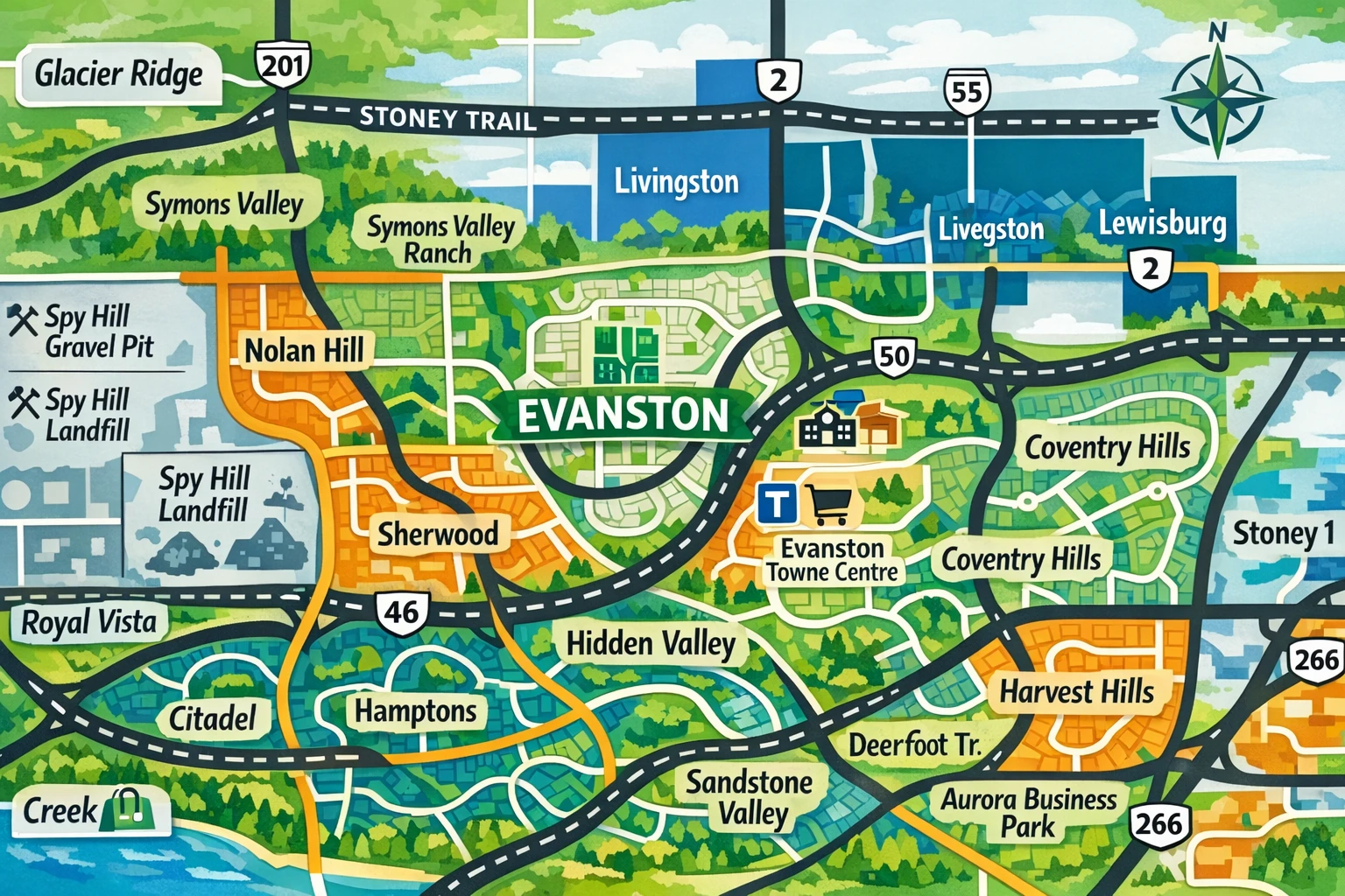 Community map showing Evanston Calgary community and landmarks