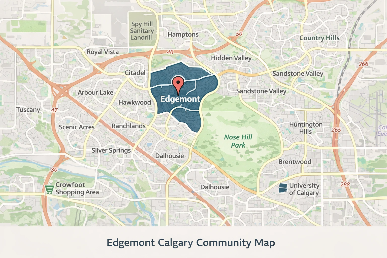 Edgemont Calgary community map showing the location of Edgemont in northwest Calgary near Nose Hill Park and surrounding neighbourhoods.