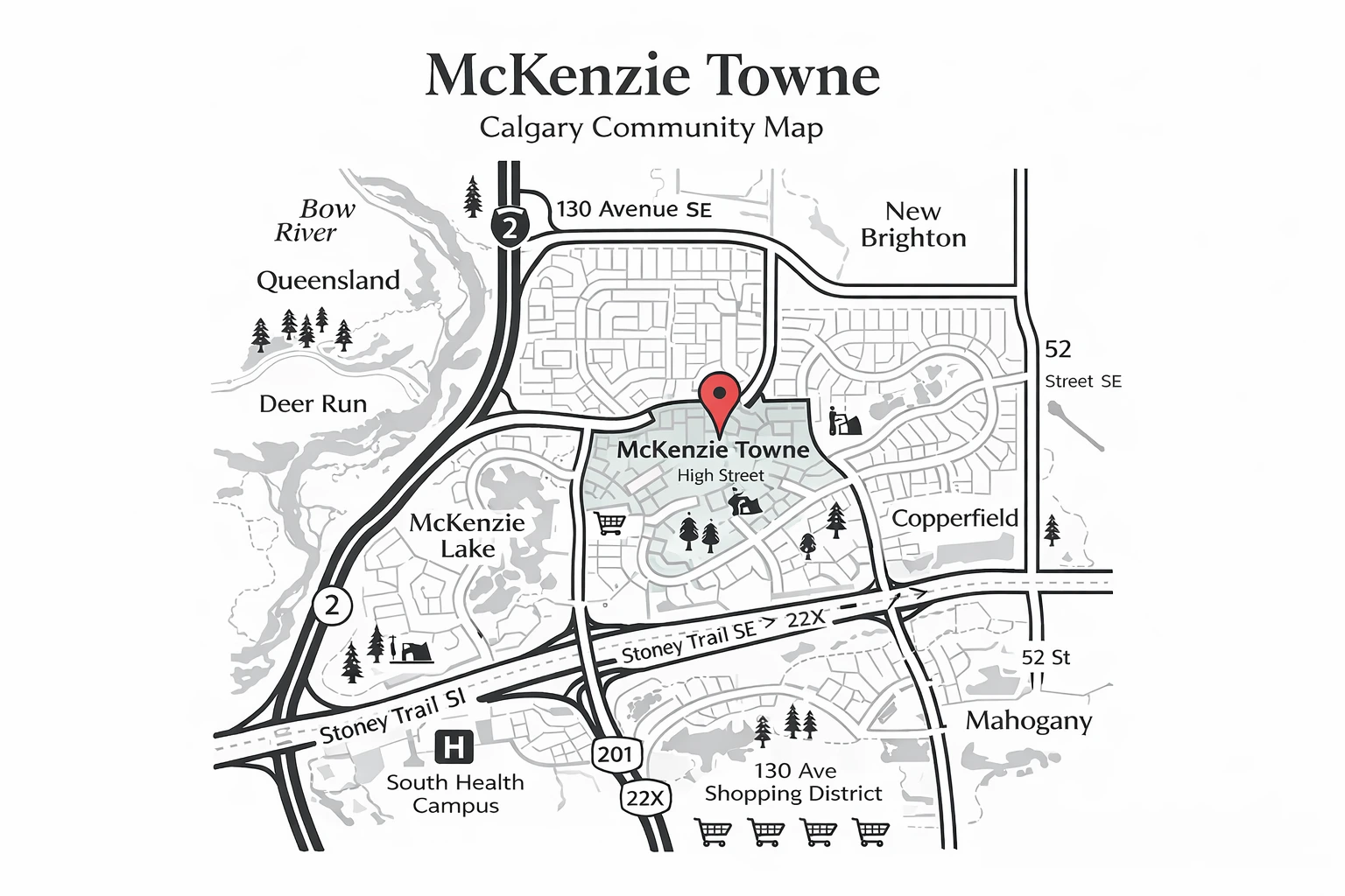 Map showing the location of McKenzie Towne in southeast Calgary Alberta with surrounding communities including McKenzie Lake, New Brighton, Copperfield and Mahogany along Deerfoot Trail and Stoney Trail.