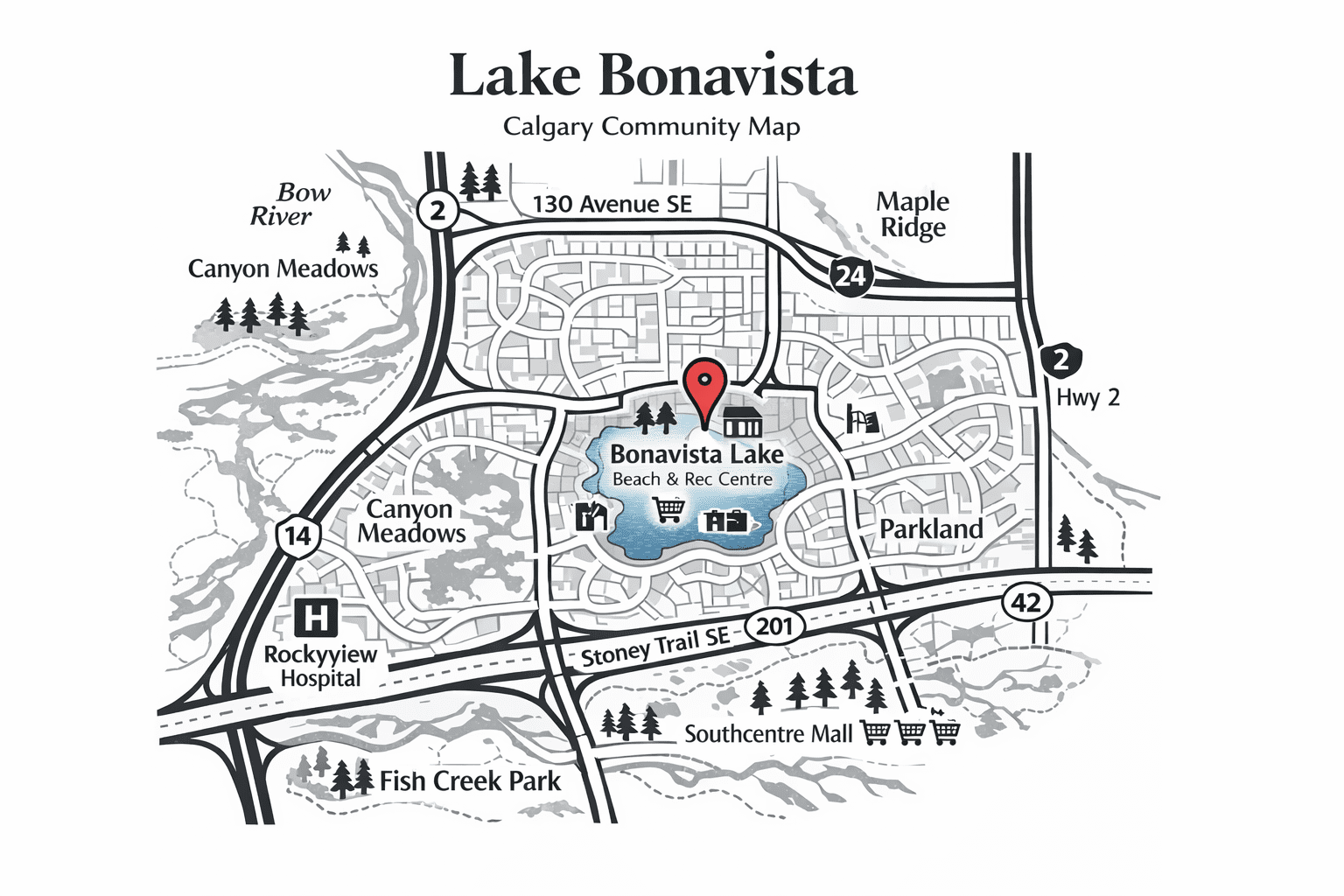Lake Bonavista Calgary community map showing the lake, surrounding neighbourhoods including Willow Park, Maple Ridge, Queensland, Deer Ridge, Parkland, Canyon Meadows, and nearby Fish Creek Provincial Park.