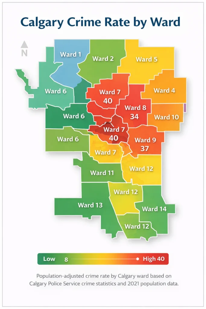 Map showing Calgary crime rate by ward with population-adjusted incidents per 1,000 residents based on Calgary Police Service statistics.