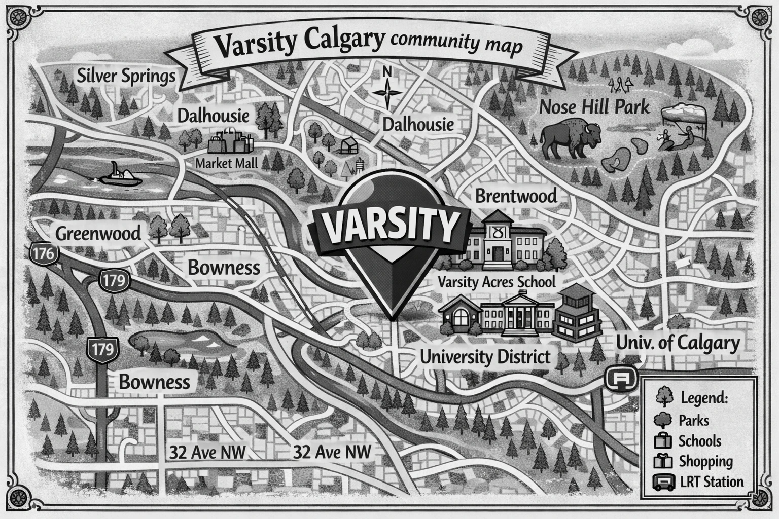 Community map for Varsity Calgary showing nearby communities and landmarks