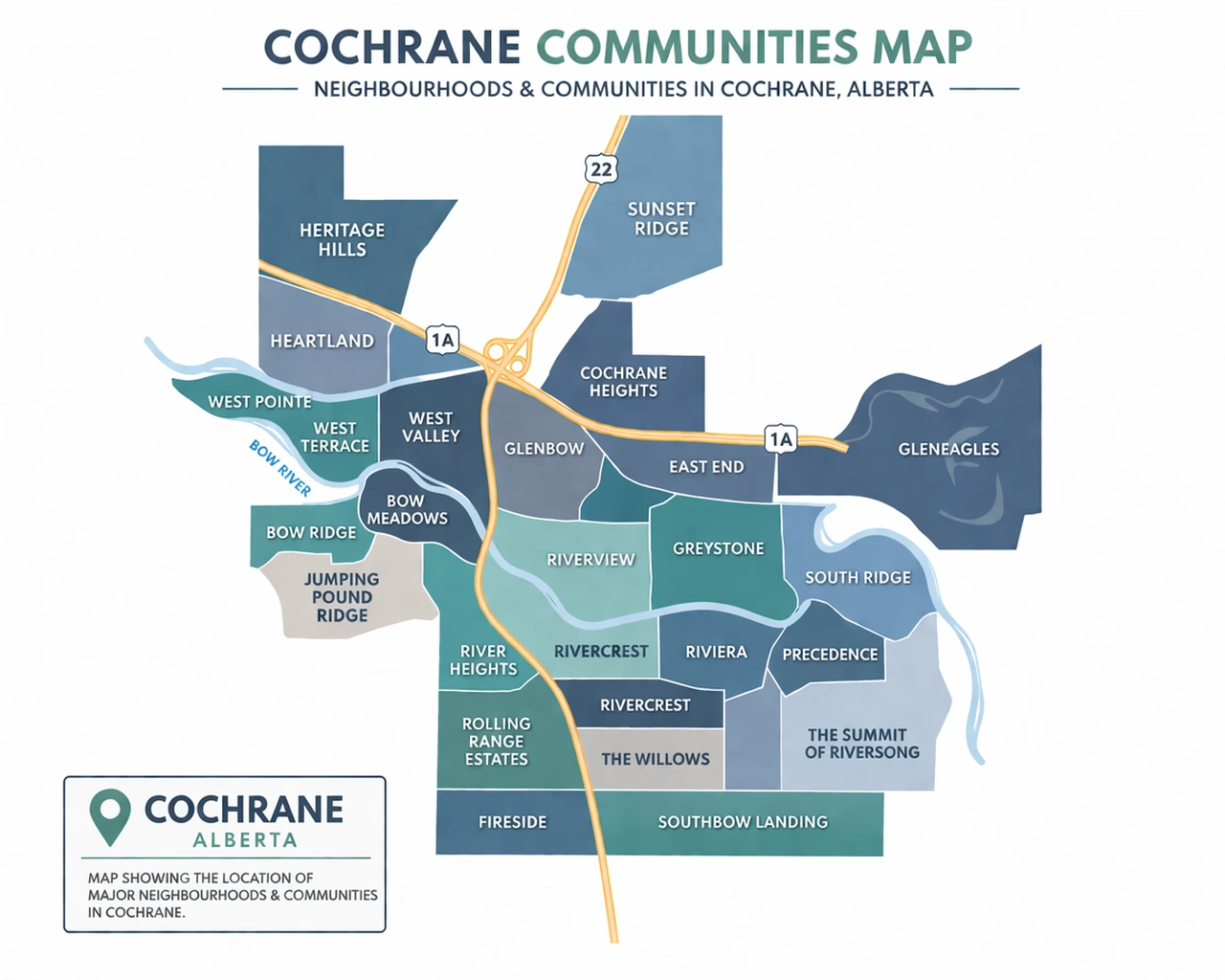 Map of Cochrane Alberta communities including Fireside, Riversong, Sunset Ridge, Heritage Hills, Glenbow and Riverview.