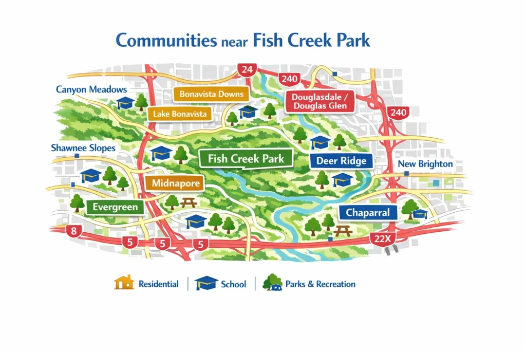 map of southeast Calgary showing five highlighted communities—Parkland, Midnapore, Sundance, Chaparral, and Evergreen—surrounding Fish Creek Park.