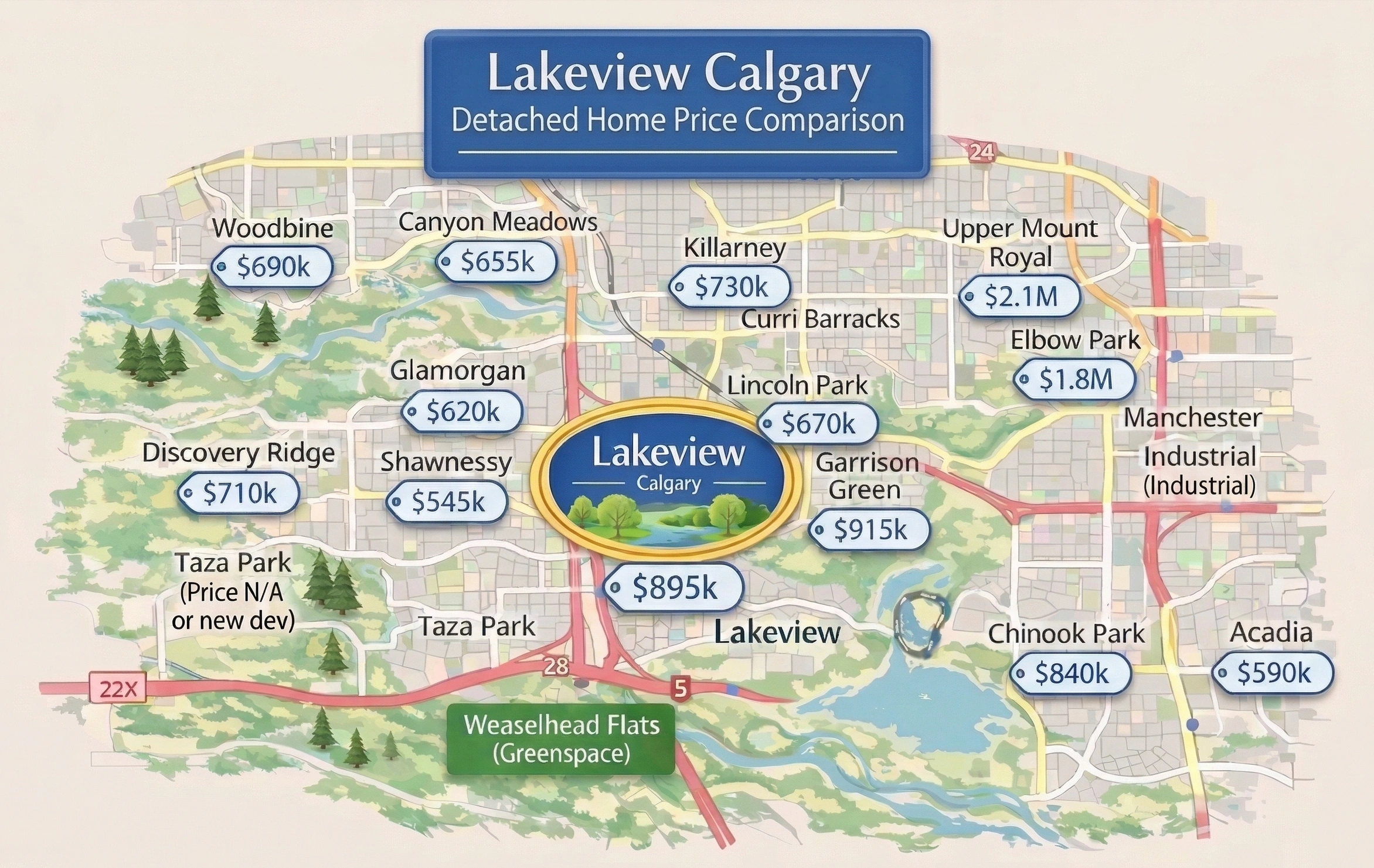 Lakeview Calgary detached home price comparison to surrounding communities