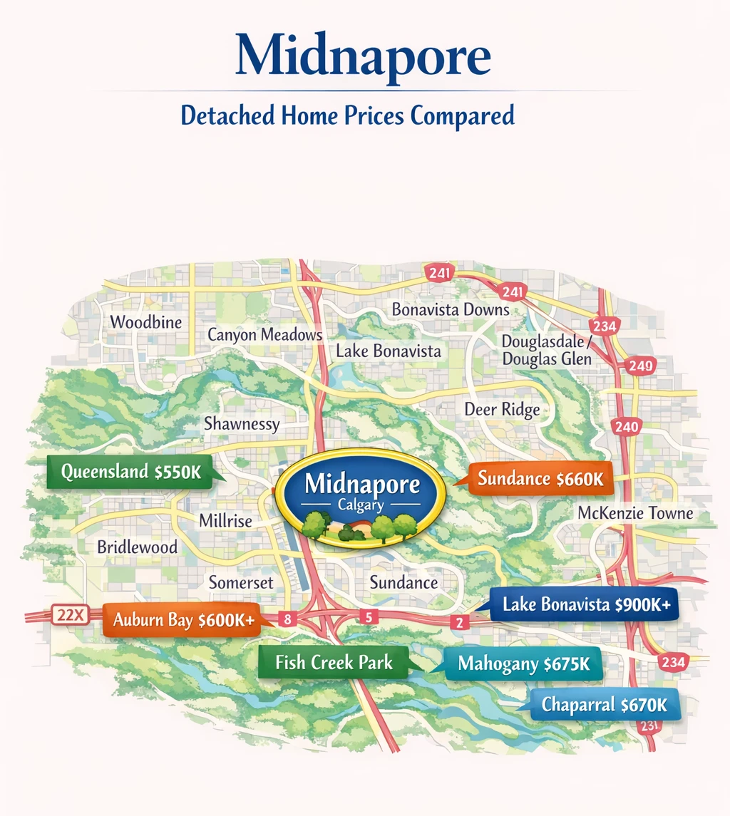 Midnapore Calgary detached home price compared to surrounding communities