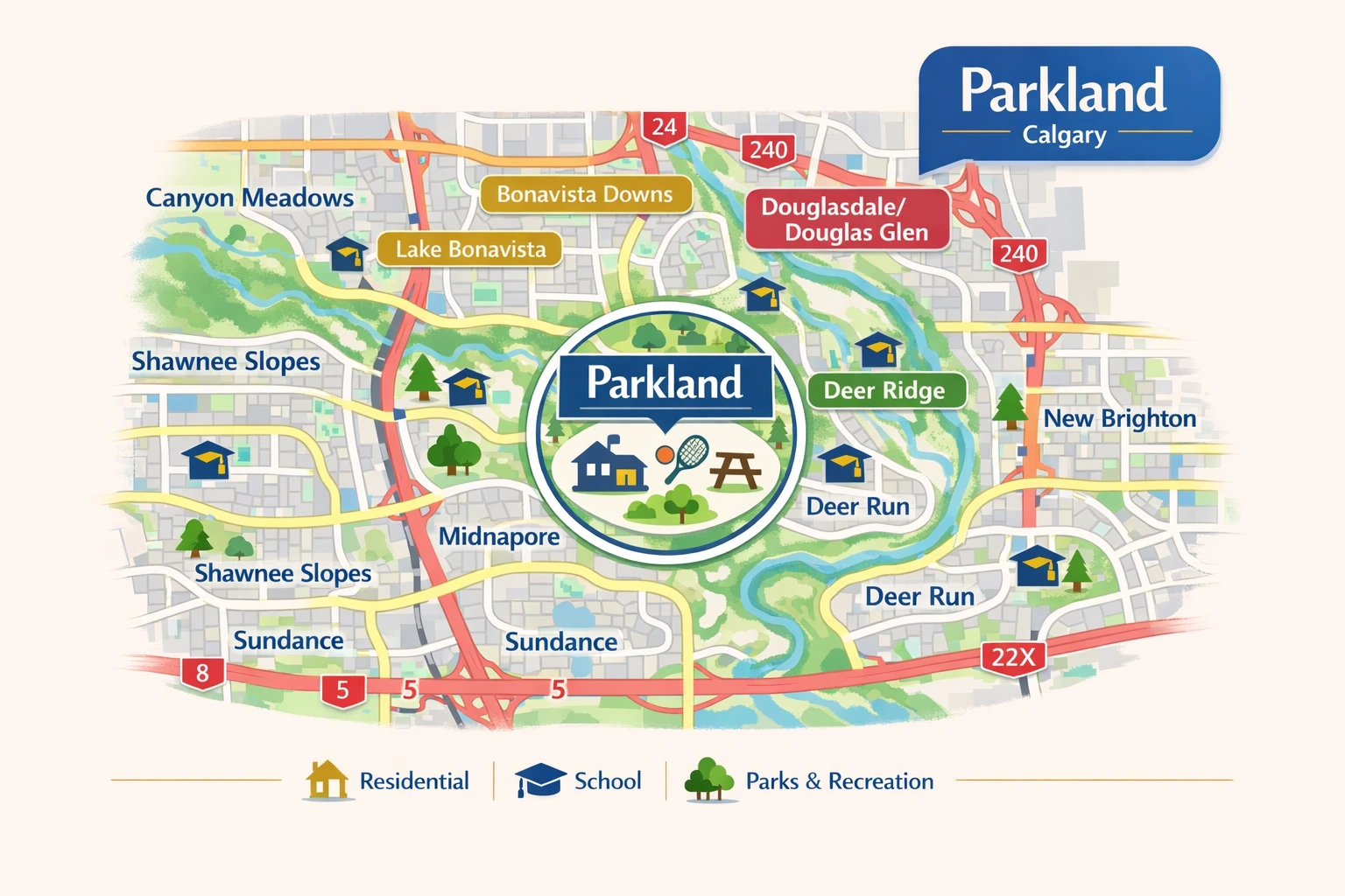 Parkland Calgary community map showing surrounding communities and landmarks