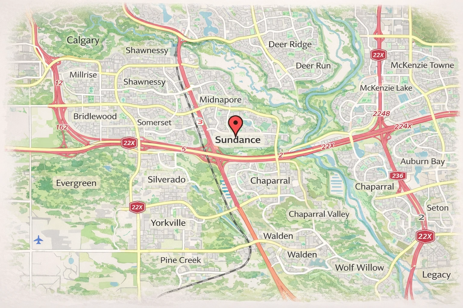 Sundance Calgary community map with nearby neighbourhoods and major roads in southeast Calgary.