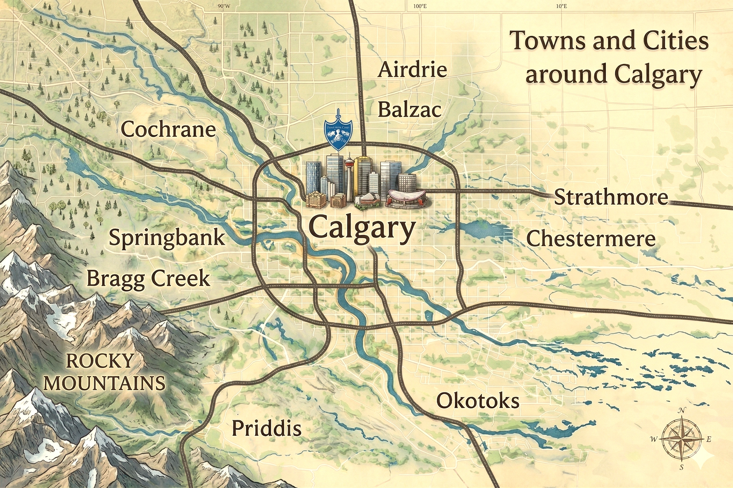 Map of Towns and Cities surrounding Calgary Alberta
