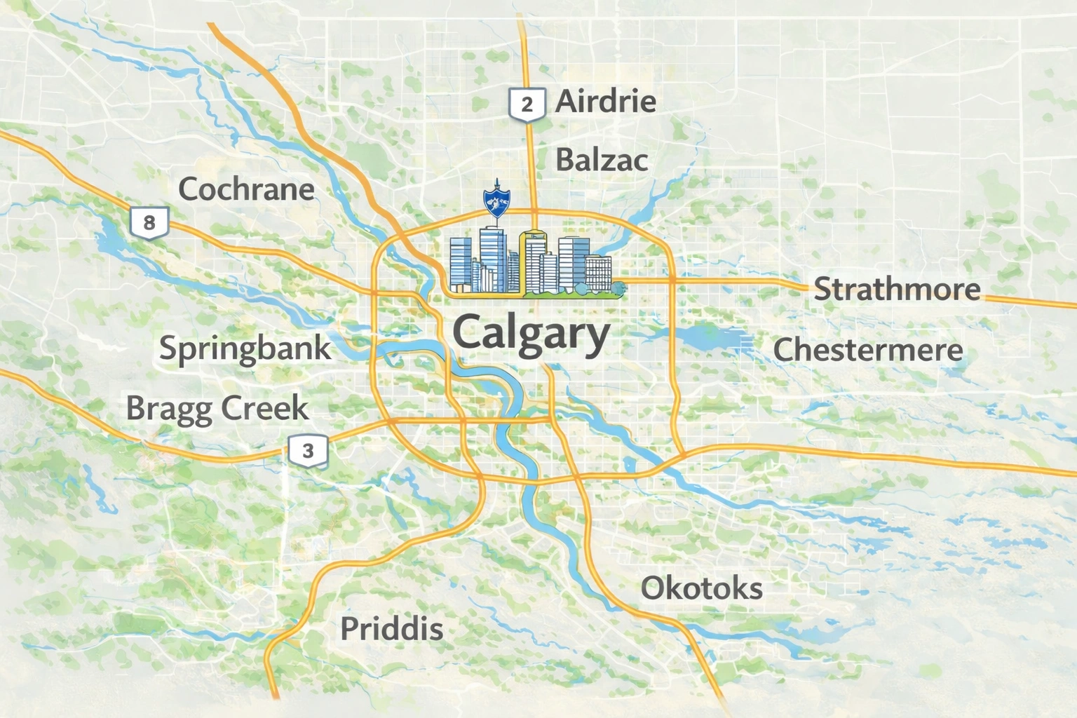 map showing towns around Calgary