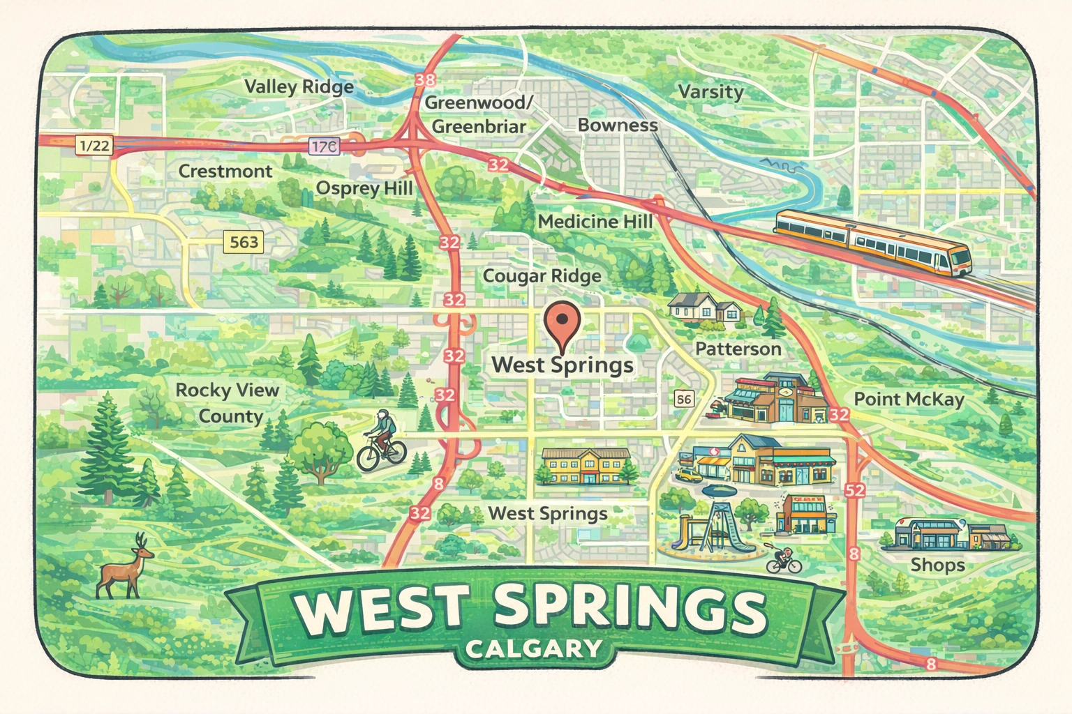 West Springs Calgary community map showing nearby communities and amenities