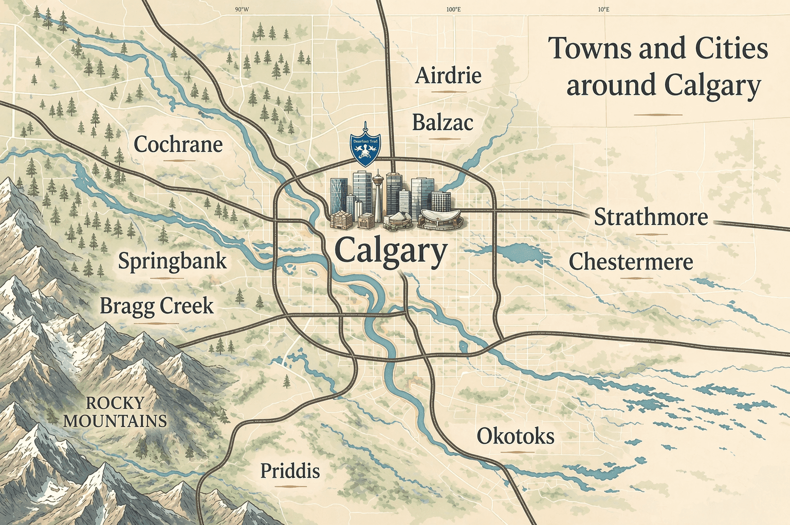 Illustrated map of Calgary and surrounding towns in Alberta showing Calgary at the center with nearby communities including Airdrie, Balzac, Cochrane, Springbank, Bragg Creek, Priddis, Okotoks, Chestermere, and Strathmore.