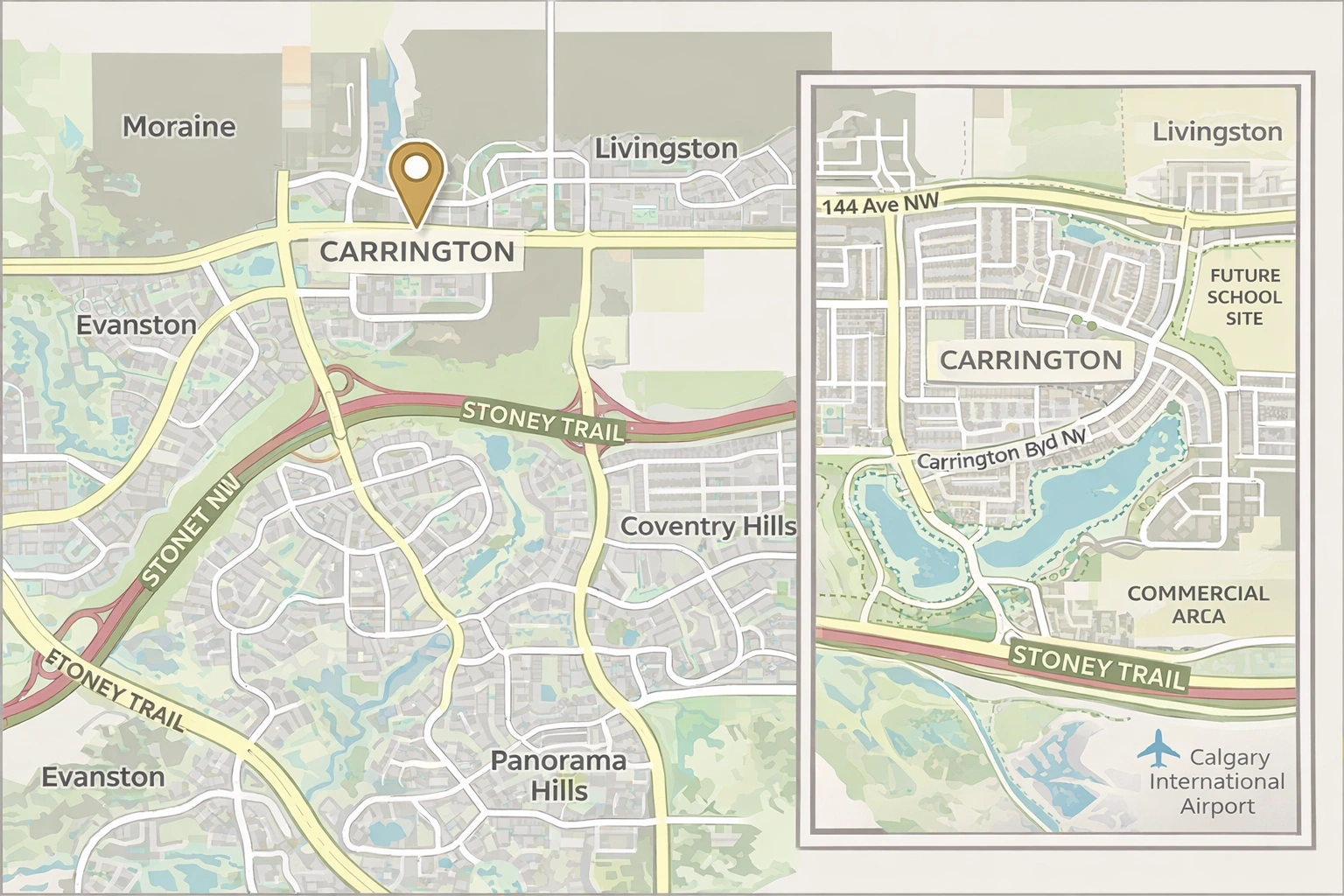 Map showing Carrington Calgary location in Northwest Calgary near Stoney Trail, Deerfoot Trail, Livingston, Evanston, and Coventry Hills with a zoomed-in map of the Carrington community.