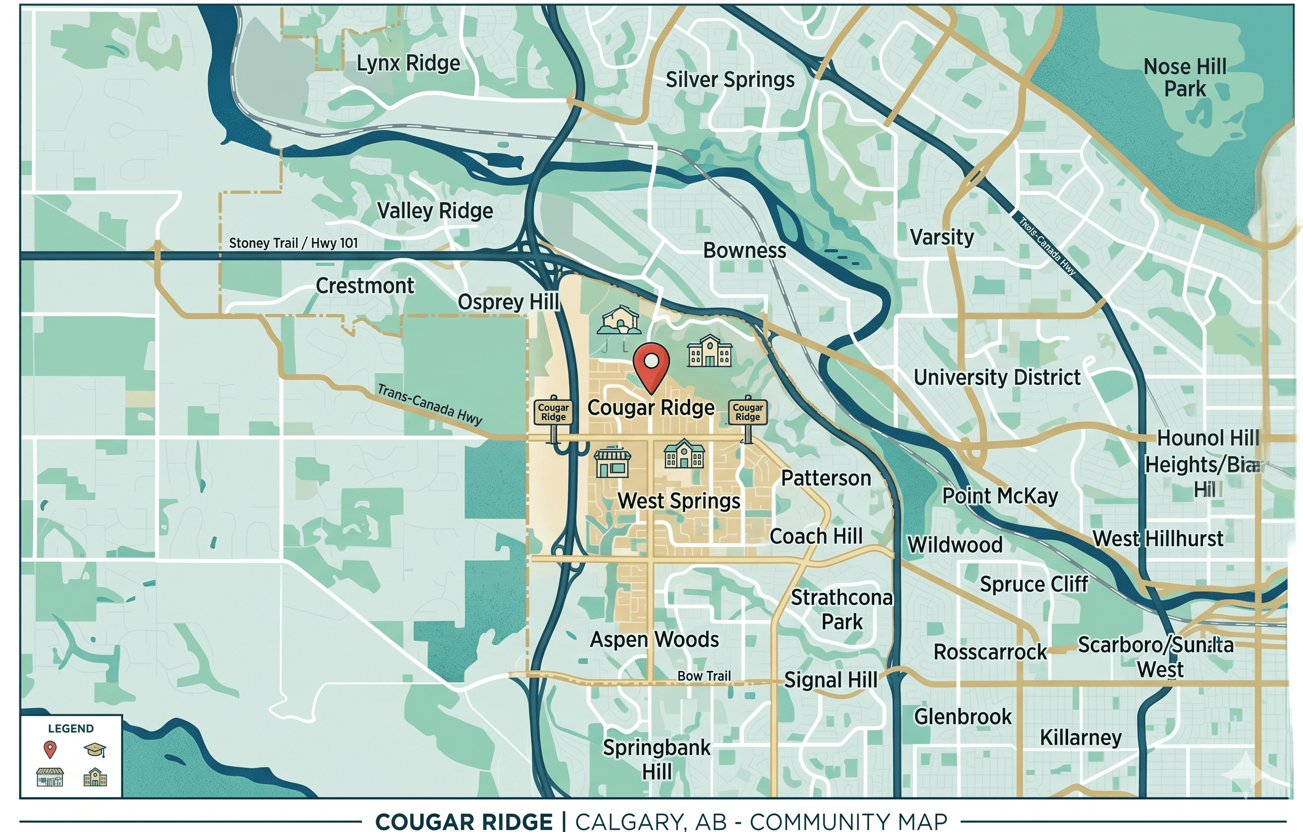 modern community map of Cougar Ridge, Calgary, and its surrounding neighborhoods.