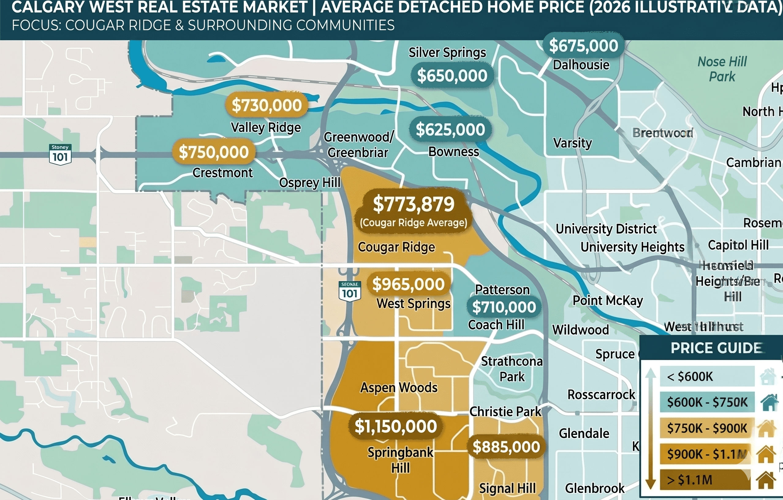 Cougar Ridge detached home price comparison to surrounding communities