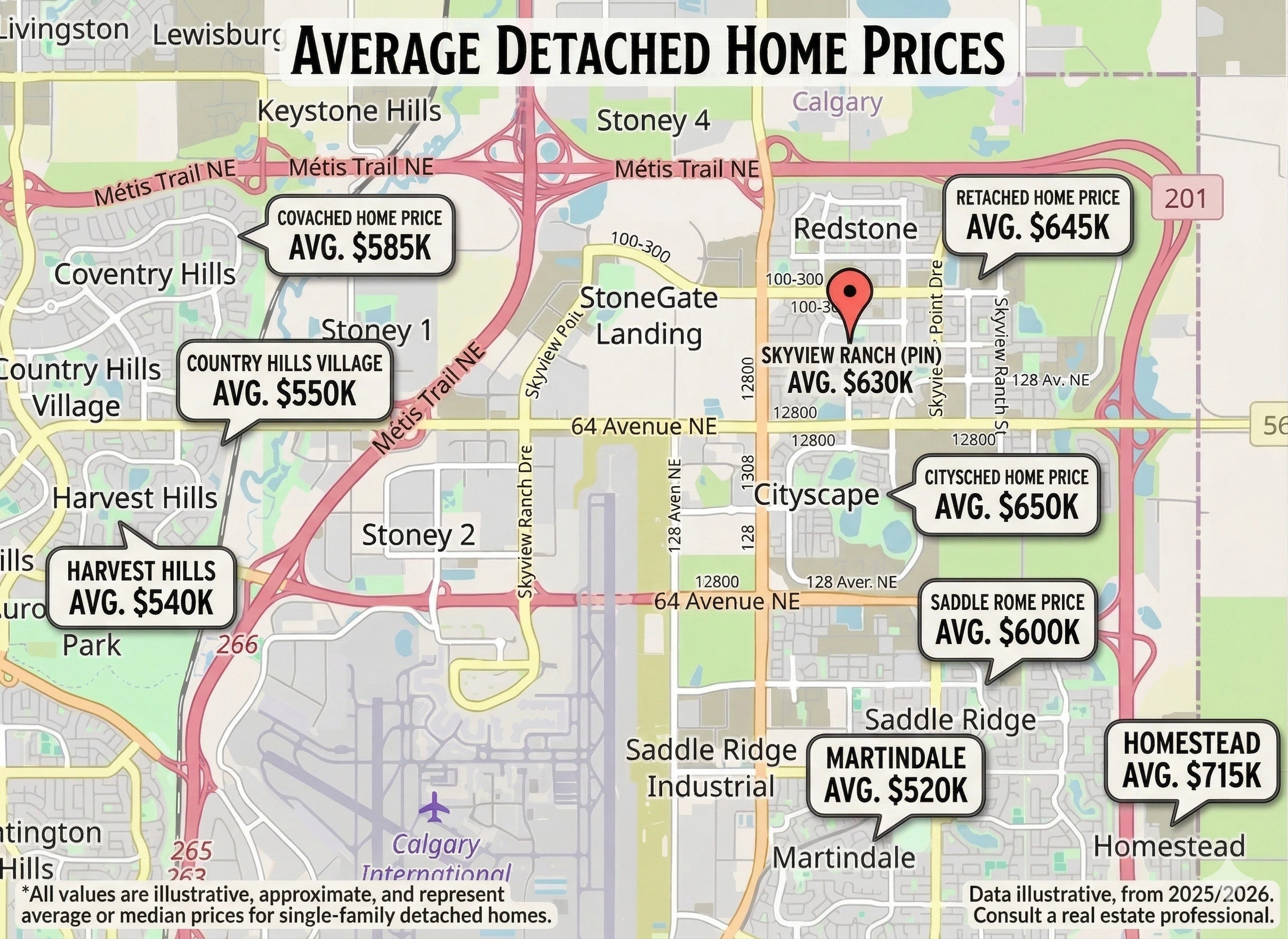 Map showing average detached home prices in Skyview Ranch, Cornerstone, Redstone, Cityscape, Saddle Ridge and Martindale compared to the Calgary average.