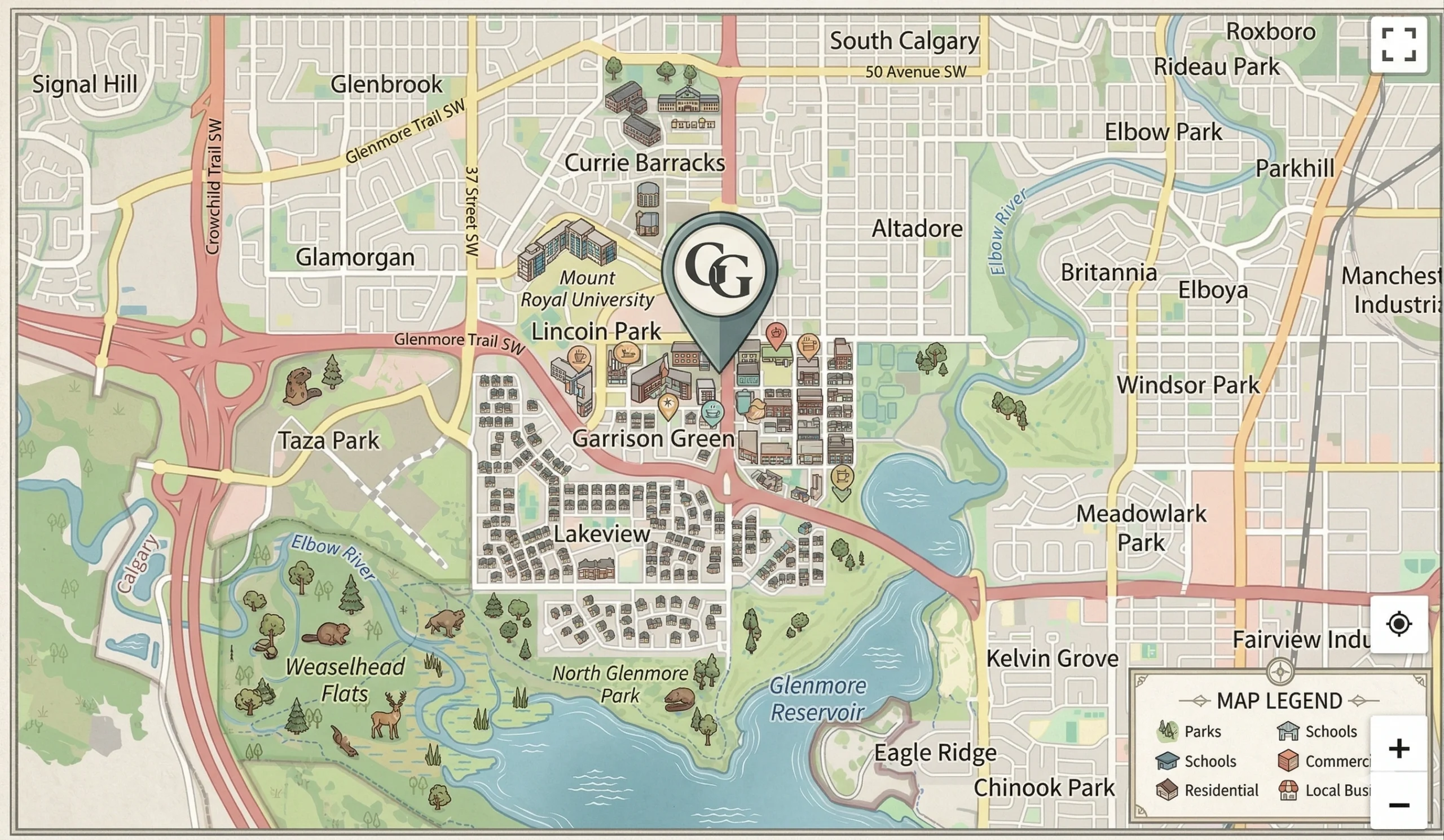 The map features key landmarks like Mount Royal University and Currie Barracks, along with natural areas like Weaselhead Flats and the Glenmore Reservoir