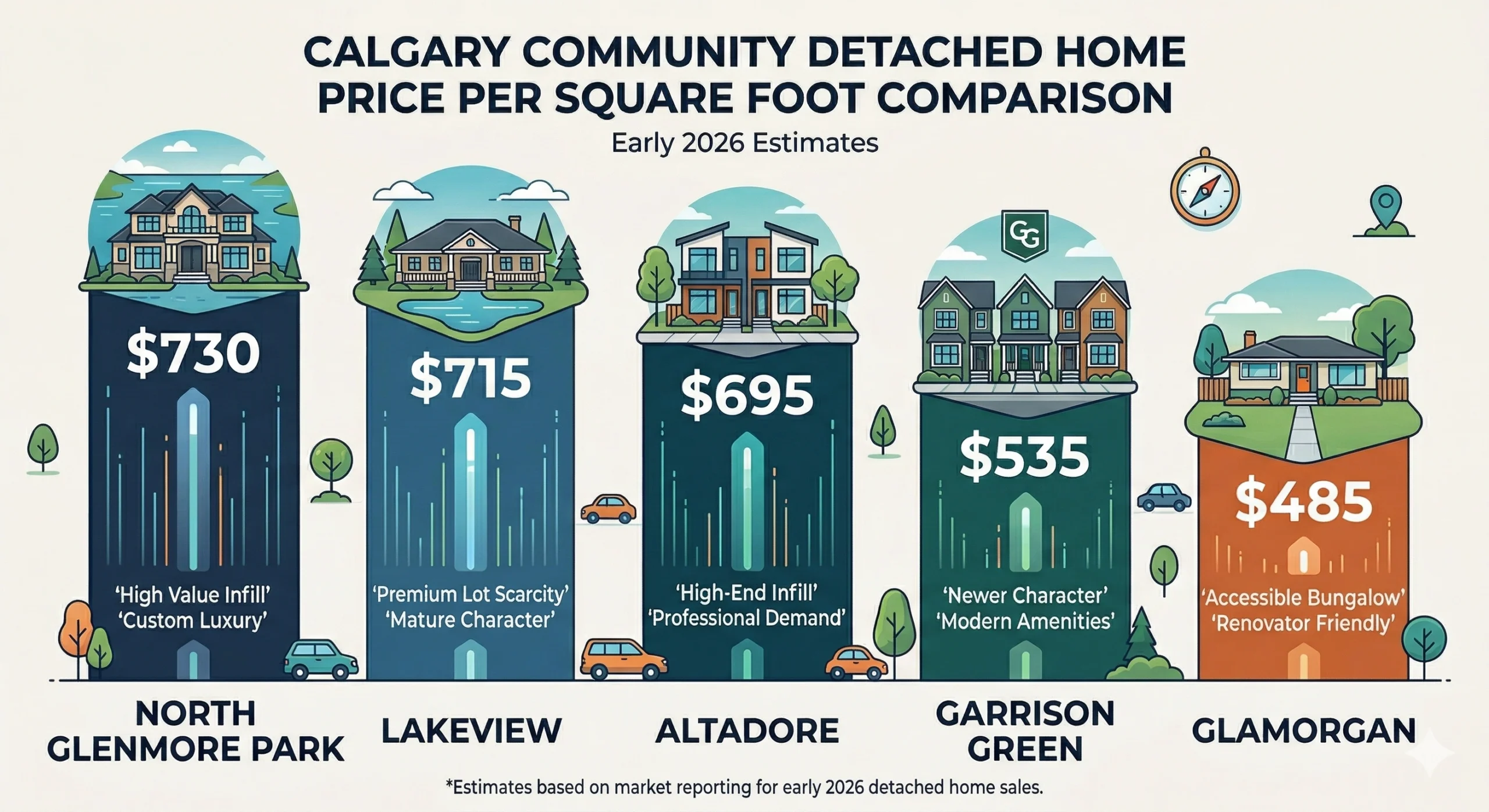detached home price per square foot in Garrison Green Calgary compared to surrounding communities