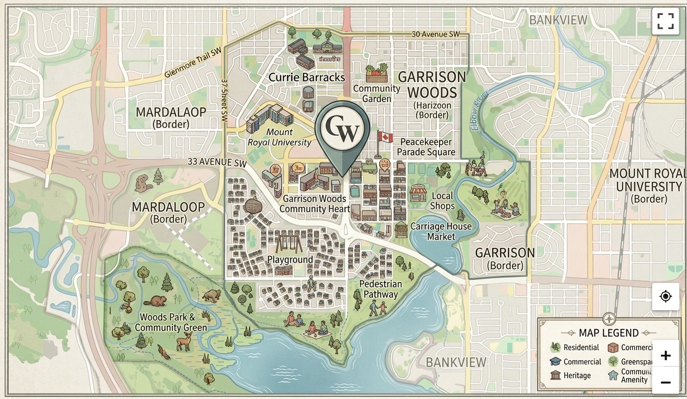 Garrison Woods Calgary community map showing key landmarks and surrounding communities
