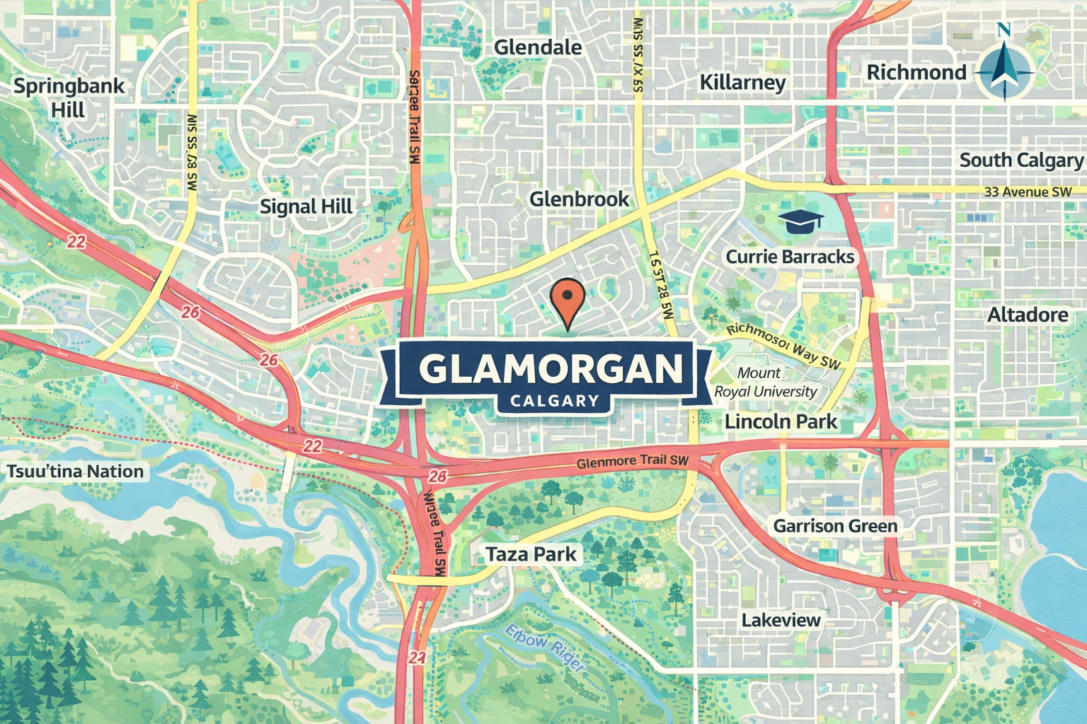Stylized map of Glamorgan, Calgary showing major roads, nearby communities, and parks in a clean modern design with balanced colors and clear labels.