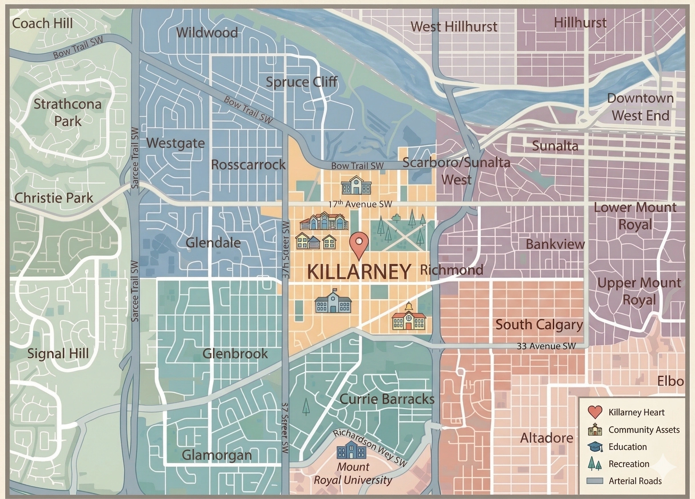 Killarney Calgary community map showing landmarks and surrounding communities