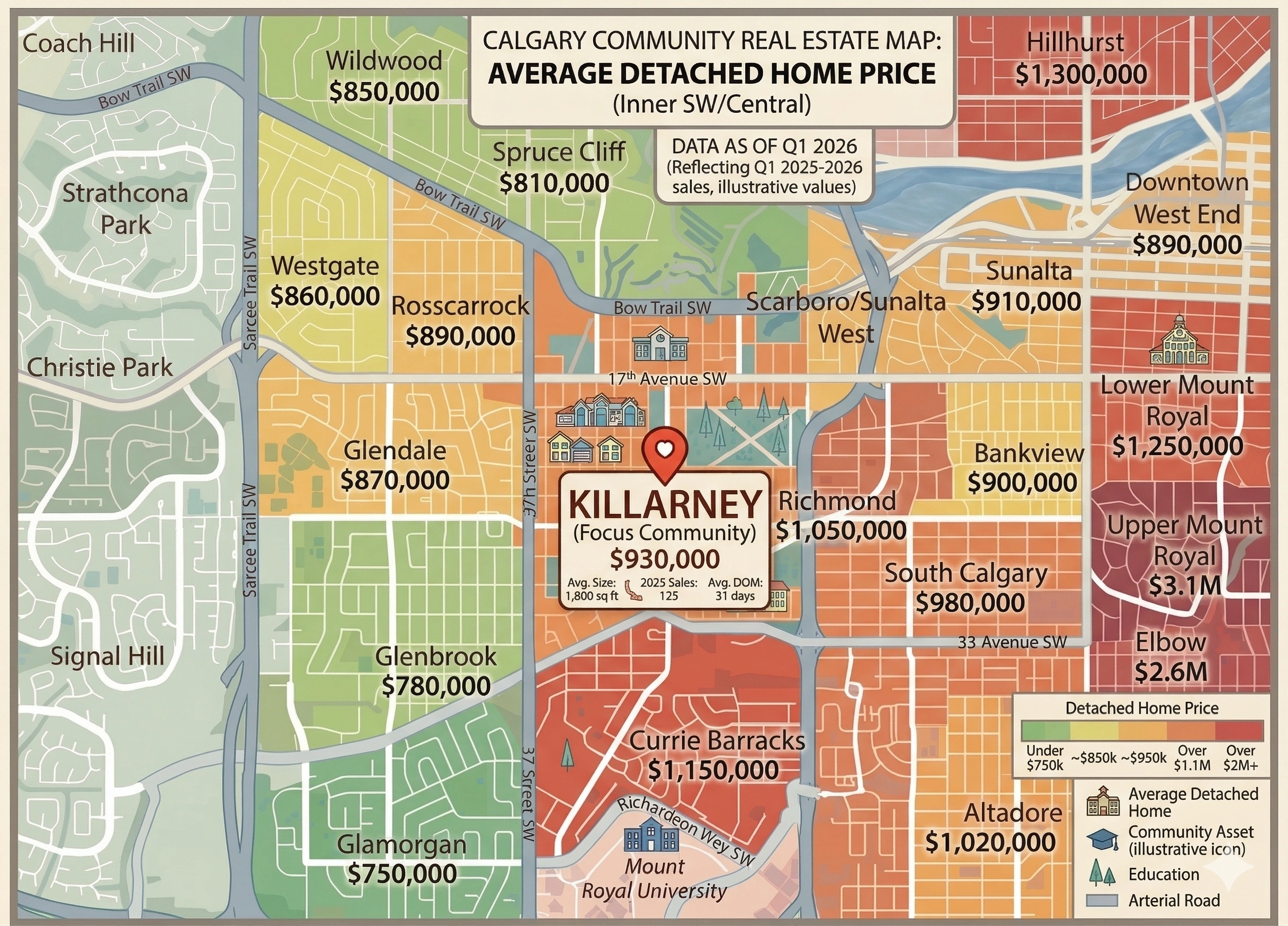 map showing Killarney Calgary average detached home prices compared to surrounding communities