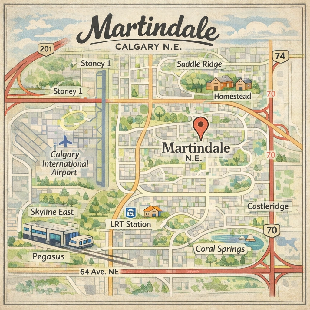 map of Martindale Calgary N.E. showing the community location near Calgary International Airport, Stoney Trail, and 64 Avenue NE, with nearby communities including Saddle Ridge, Castleridge, Coral Springs, Homestead, and Skyview Ranch, and the Saddletowne LRT Station marked on the map.
