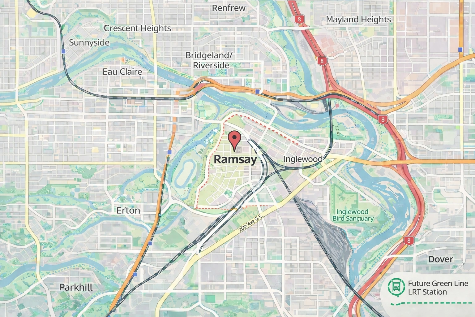 Map of Ramsay Calgary real estate location showing proximity to Inglewood, downtown Calgary, river pathways, Deerfoot Trail and Blackfoot Trail.
