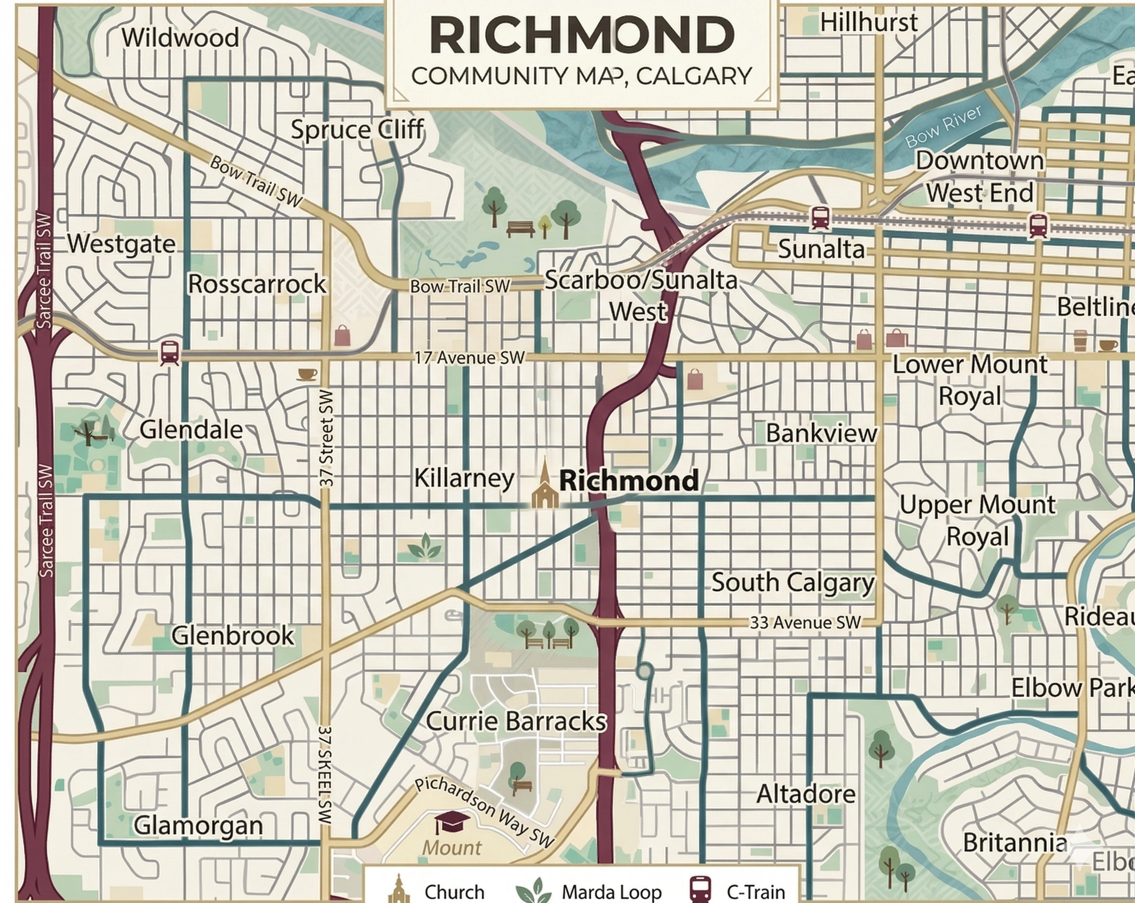 Richmond Calgary community map showing landmarks and surrounding communities