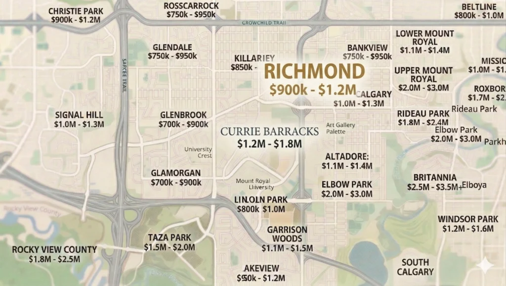 Richmond Calgary detached home price comparison to surrounding communities
