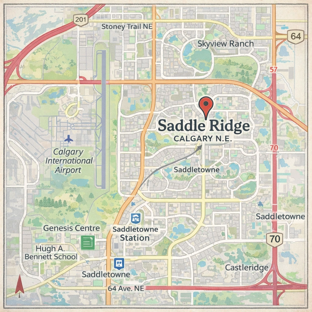 Saddle Ridge Calgary community map showing major roads, nearby communities, and Saddletowne CTrain station.