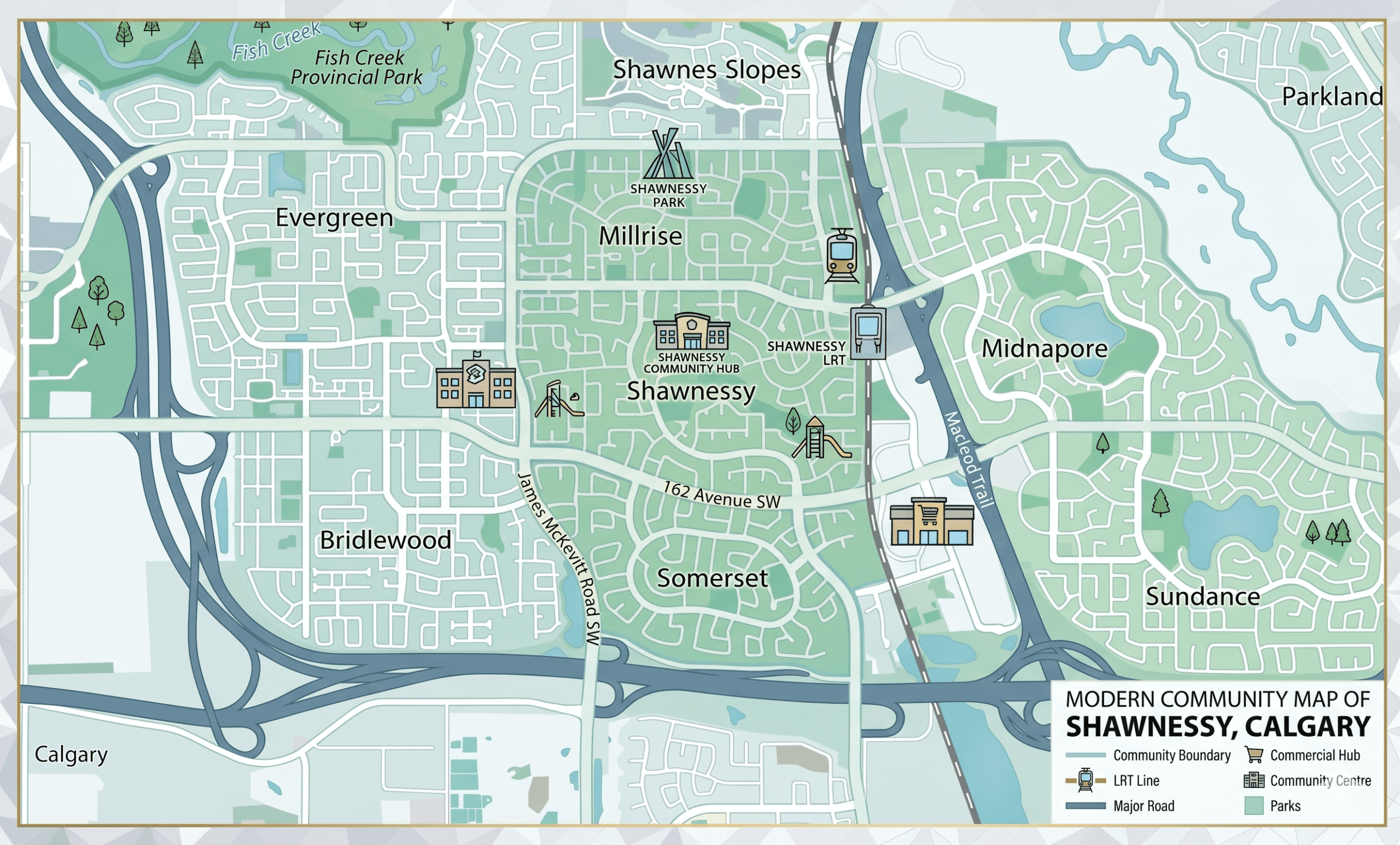 A stylized, modern community map of Shawnessy, Calgary, and its surrounding neighborhoods including Millrise, Somerset, Bridlewood, and Midnapore. The map uses a clean, contemporary aesthetic with a color palette of sage green for parks, soft teal for residential blocks, and muted blue for water bodies like Fish Creek.