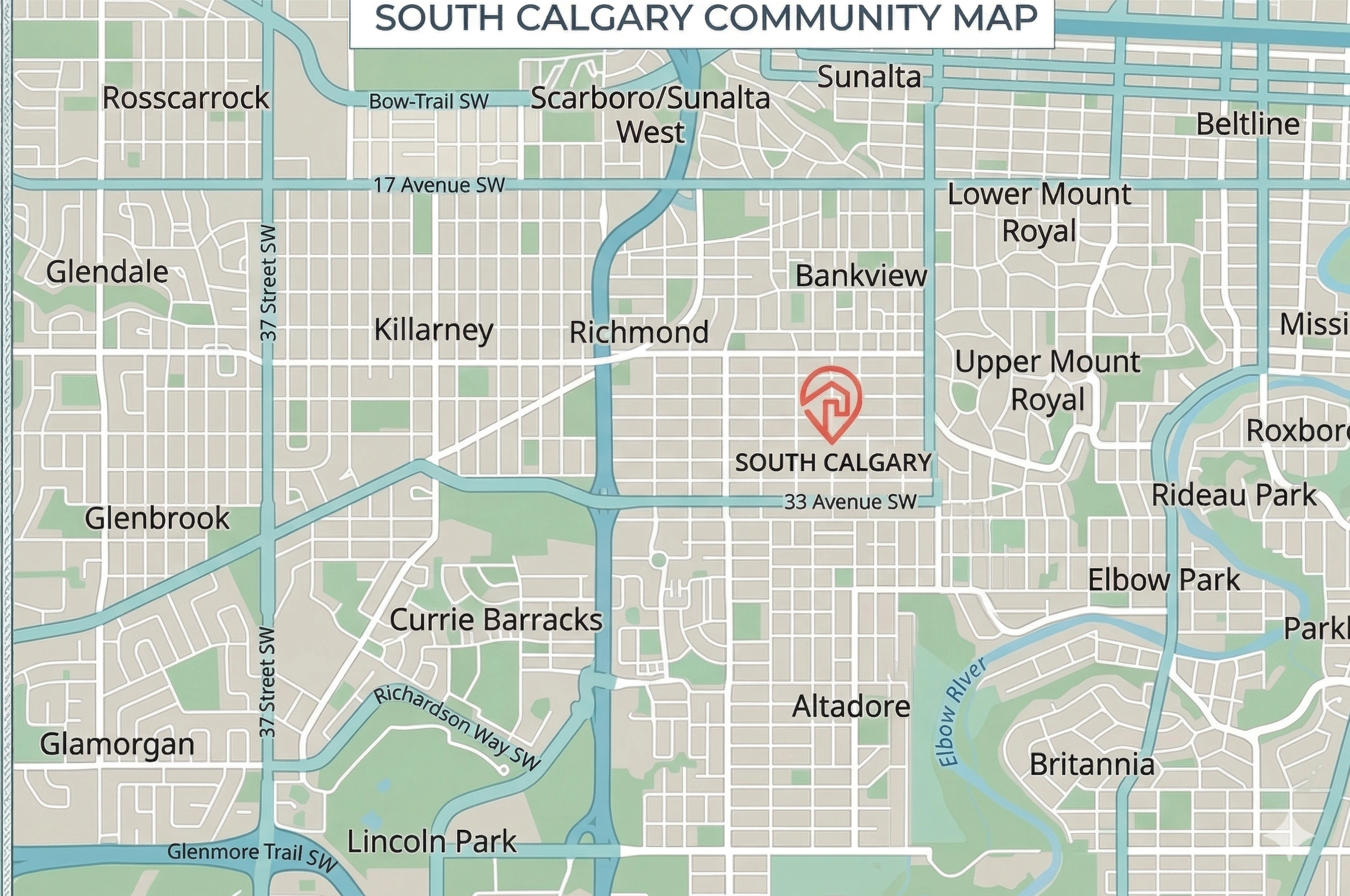 South Calgary community map showing surrounding communities and landmarks
