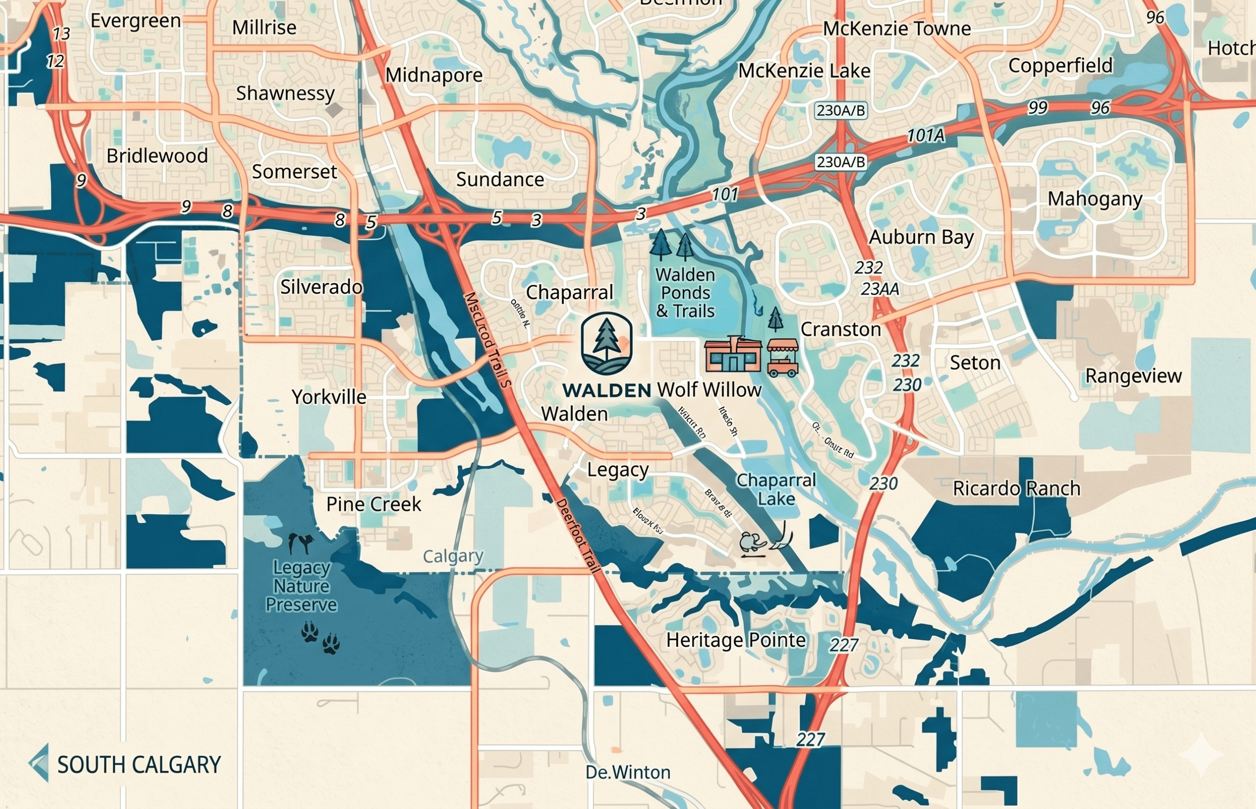 A modern, stylized community map of South Calgary, Alberta, centered on the Walden neighborhood.