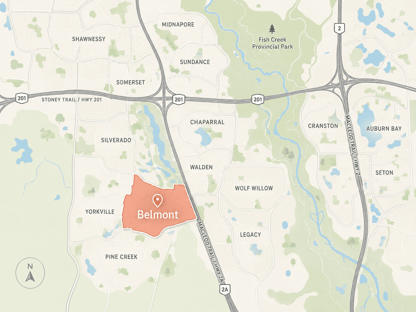 community map of Belmont in southwest Calgary, highlighting Belmont in coral with nearby communities including Yorkville, Pine Creek, Silverado, Walden, Legacy, Wolf Willow, Chaparral, Cranston, Auburn Bay, Seton, Somerset, Shawnessy, Midnapore and Sundance, along with Stoney Trail, Macleod Trail and Fish Creek Provincial Park.