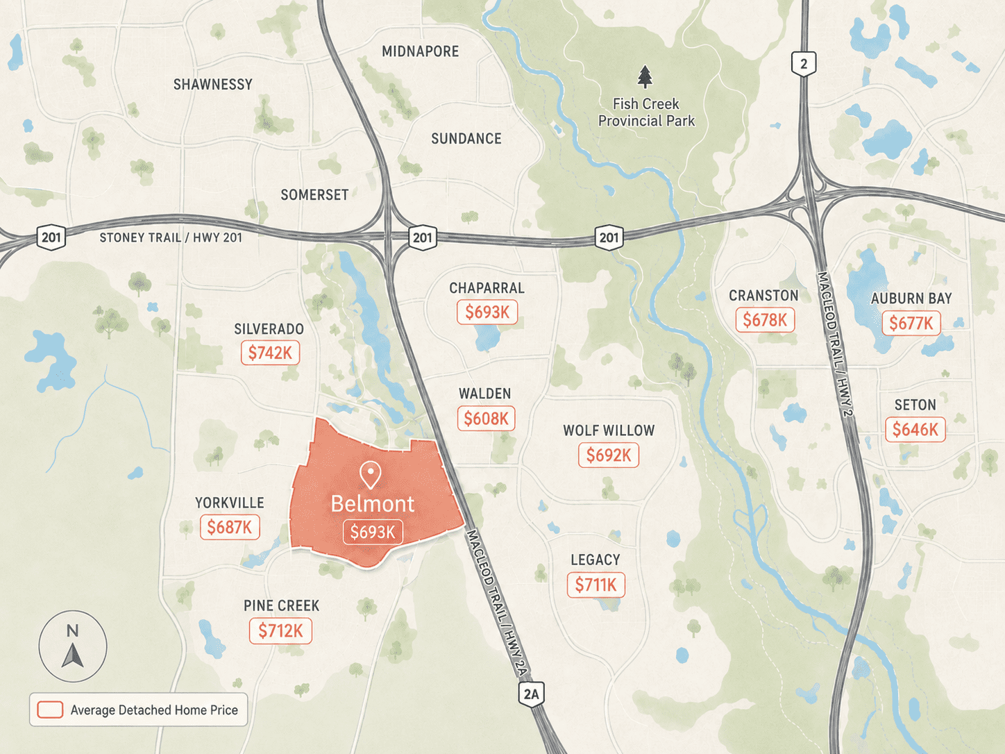 southwest Calgary map showing average detached home prices for Belmont and surrounding communities, with Belmont highlighted at $693K and nearby areas including Yorkville, Pine Creek, Silverado, Walden, Legacy, Wolf Willow, Chaparral, Cranston, Auburn Bay and Seton.