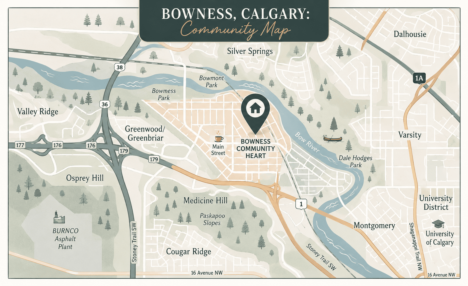 Illustrated community map of Bowness Calgary showing the Bow River, Bowness Park, Bowmont Park, Greenwood/Greenbriar, Montgomery, Varsity, Silver Springs, and nearby roadways including Stoney Trail and Highway 1.