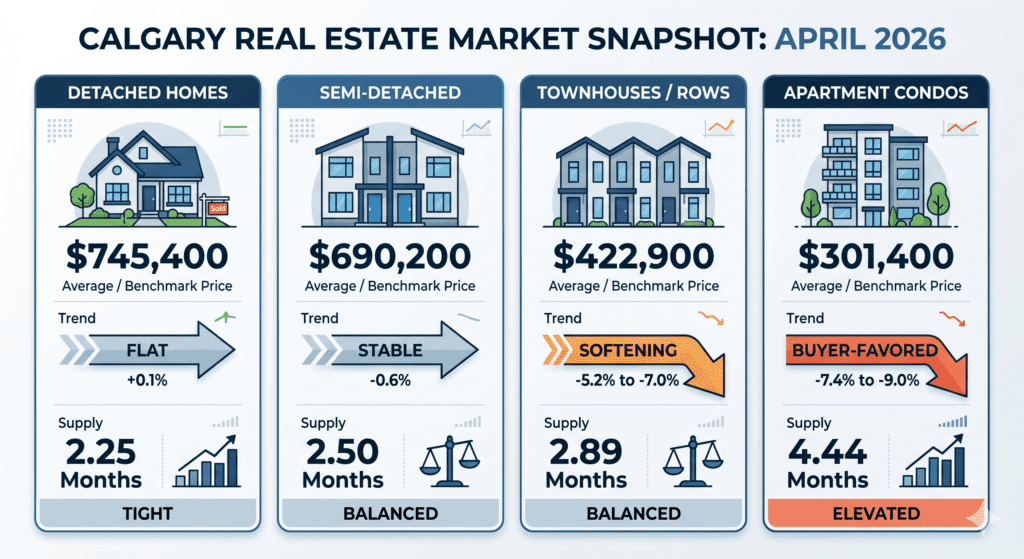 An infographic titled "Calgary Real Estate Market Snapshot: April 2026" comparing benchmark prices, market trends, and inventory across four housing types:

Detached Homes: $745,400, flat trend, tight supply (2.25 months).

Semi-Detached: $690,200, stable trend, balanced market (2.50 months).

Townhouses / Rows: $422,900, softening trend (-5.2% to -7.0%), balanced market (2.89 months).

Apartment Condos: $301,400, buyer-favored trend (-7.4% to -9.0%), elevated supply (4.44 months).