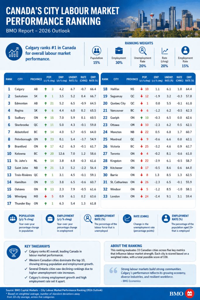 Infographic of Canadian city job market rankings highlighting Calgary as the top city for employment in 2026, based on population growth, employment growth, and unemployment rates.