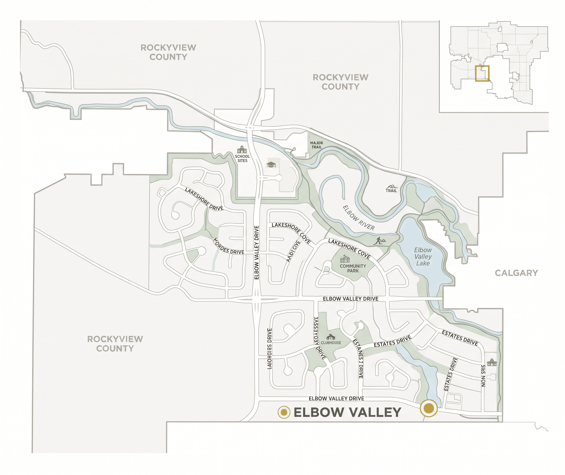 A detailed, zoomed-in community map of Elbow Valley within Rocky View County, designed in a clean, minimalist aesthetic with a beige and sage green color palette. The map features a network of residential streets such as Elbow Valley Drive, Lakeshore Cove, and Estates Drive. Natural features are highlighted, including the winding Elbow River and Elbow Valley Lake, surrounded by green spaces, community parks, and walking trails. An inset map in the top right corner shows the community's location relative to Calgary and the broader Rocky View County region, maintaining the visual style of the original reference image.
