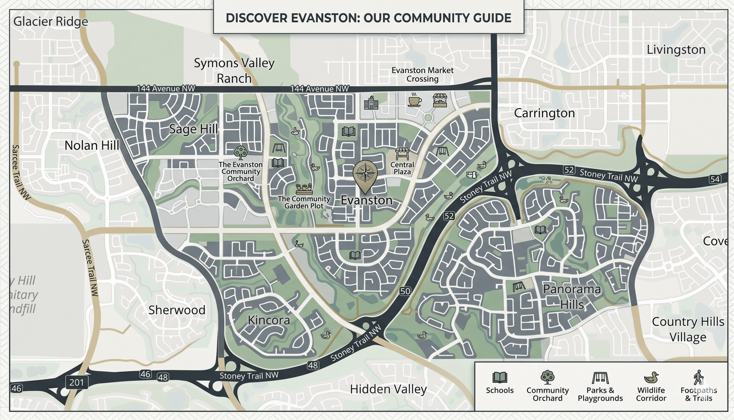 A modern, stylized community map of Evanston, Calgary, and its surrounding neighborhoods. The map uses a sophisticated color palette of sage green for parks, slate grey for residential blocks, and off-white for surrounding areas.