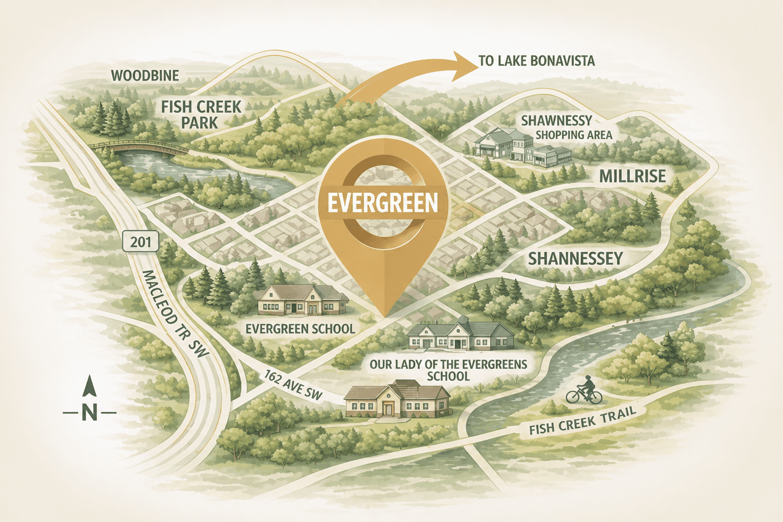 Evergreen Calgary community map showing surrounding communities