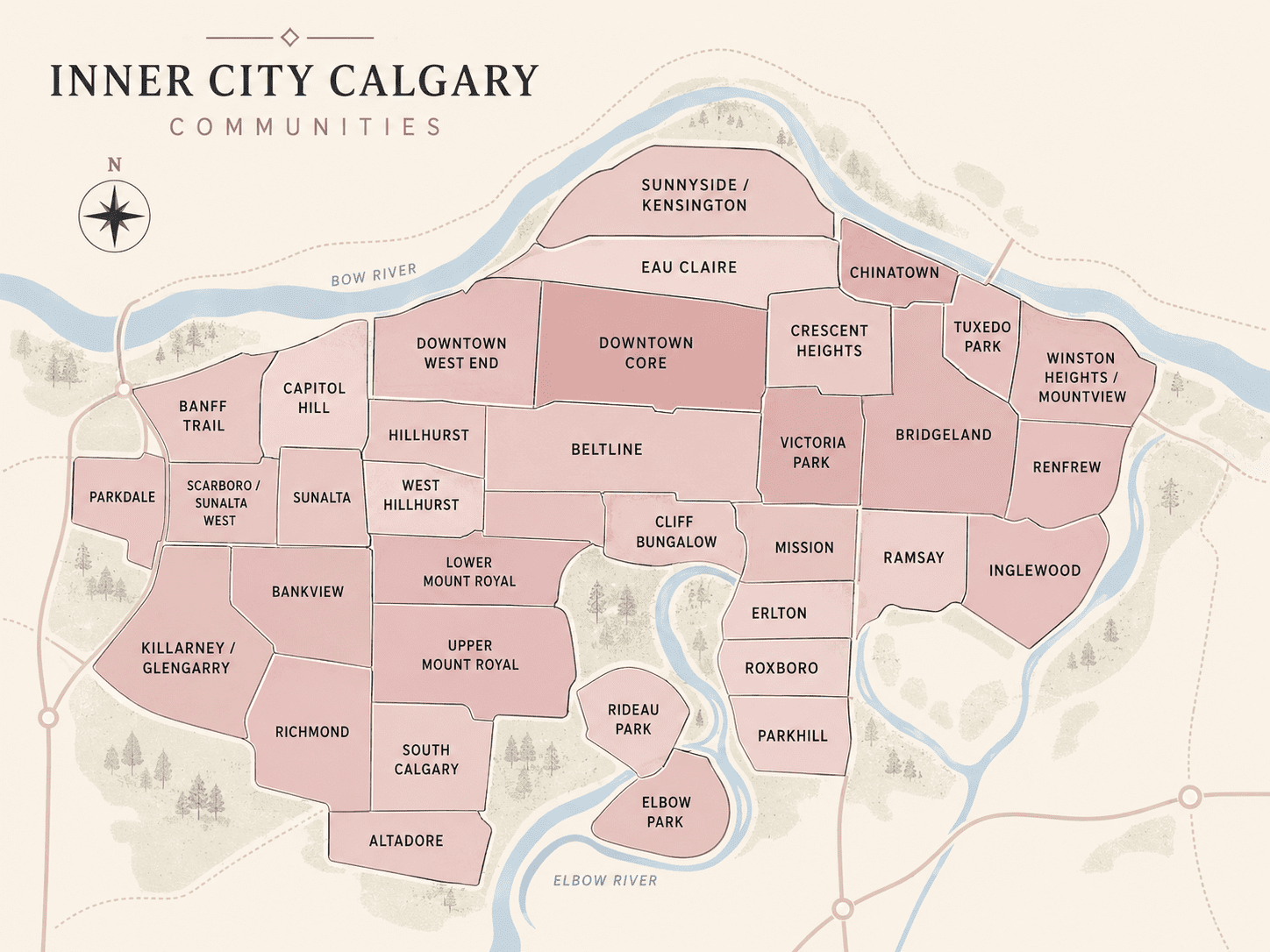 map of Inner City Calgary communities, showing central neighbourhoods including Downtown Core, Beltline, Mission, Bridgeland, Inglewood, Ramsay, Sunnyside/Kensington, Hillhurst, Bankview, Mount Royal, Altadore, Killarney/Glengarry, Renfrew, Crescent Heights, and surrounding inner-city areas.