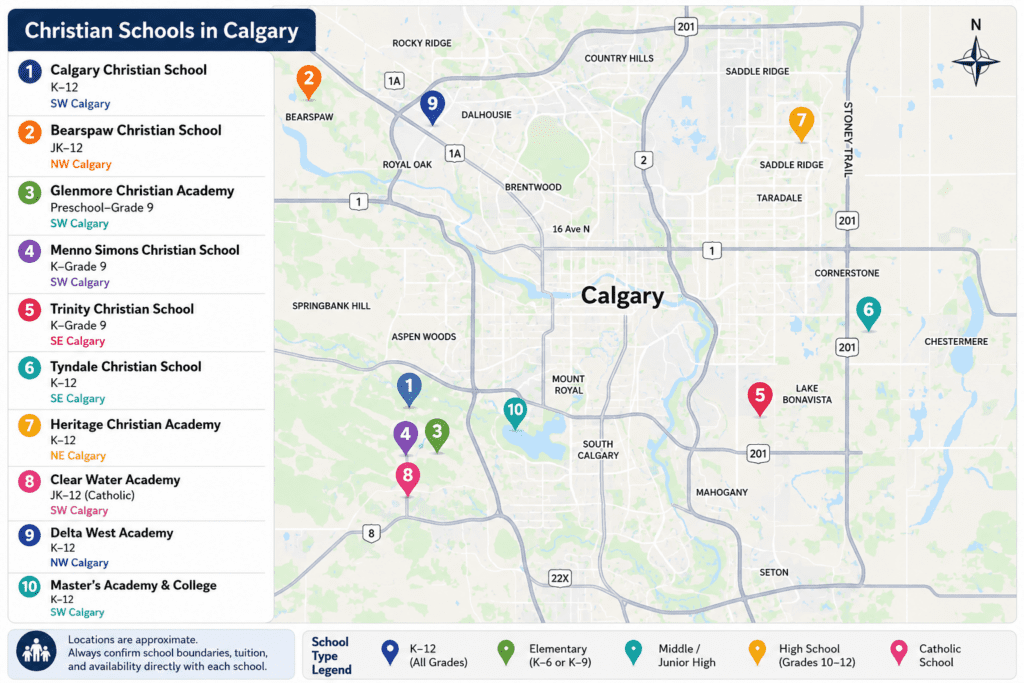 Map of Christian schools in Calgary showing the approximate locations of Calgary Christian School, Bearspaw Christian School, Glenmore Christian Academy, Menno Simons Christian School, Trinity Christian School, Tyndale Christian School, Heritage Christian Academy, Clear Water Academy, Delta West Academy, and Master’s Academy & College. The map highlights schools across southwest, northwest, northeast, and southeast Calgary with numbered location markers and a legend identifying elementary, junior high, high school, Catholic, and K–12 schools.