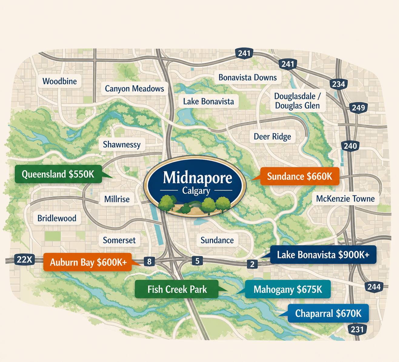average detached home price in Midnapore Calgary compared to surrounding communities